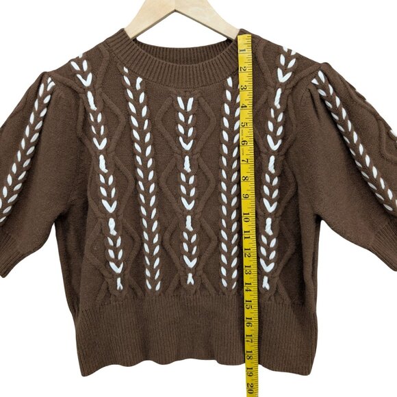 Commense Contrast Binding Cable Knit Sweater Womens Brown Cream 1/2 Sleeve Sz L - Picture 5 of 8
